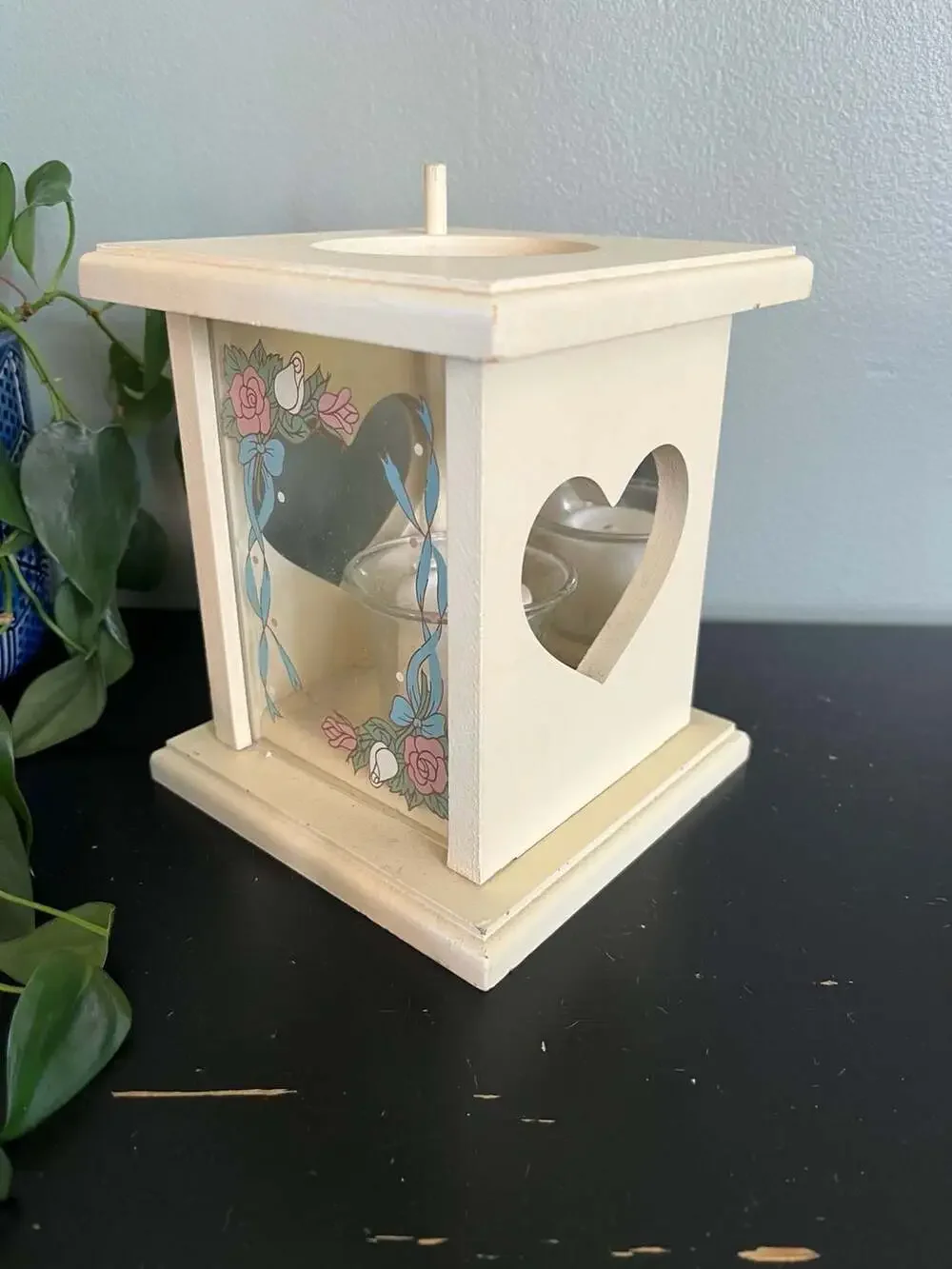 Vintage Country Core Wood Votive Candle Holder with Heart Cutouts and Floral Gla
